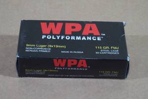 lot 153 image: 50 Wolf Polyformance 9mm Luger 115 Gr FMJ Steel Case Ammo