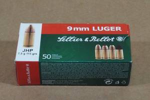 lot 156 image: 50 Sellier & Bellot 9mm Luger 115 Gr JHP Ammo