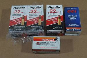 lot 178 image: 250 Rounds Mixed .22 LR Ammo - 150 Aguila 38 Gr HP