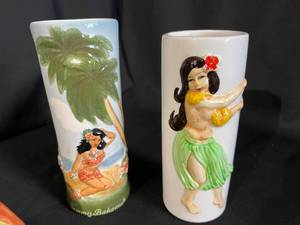 Hawaiian Glasses and Napkin Rings Set with Hula Girl Doll