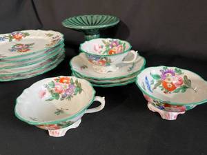 Green Floral Tea Set with Scalloped Edge and HULL Pedestal Plate