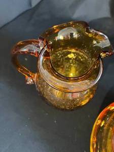 Bubble Patterned Amber Vintage Ash Tray and Pitcher