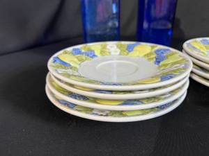 8 Vernonware Saucers & 2 Vintage Blue Bottles