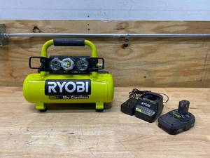 lot 48 image: RYOBI ONE 18V Cordless 1 Gal. Portable Air Compressor with Battery and Charger