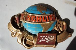 lot 12 image: Breweriana Vintage 1976 Schlitz Globe Logo Sign-Embossed 3D Plastic on Card Stock