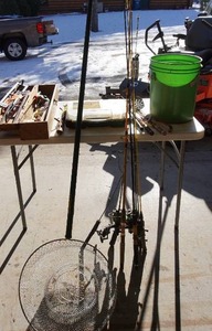 lot 13 image: Fishermans Lot including poles, tackle, net etc.