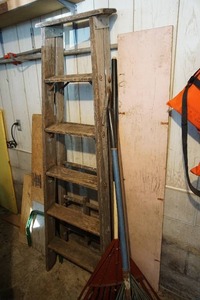 lot 24 image: Wood step ladder, yard tools etc.