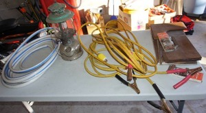 lot 39 image: Garage LotLantern, Jumper Cables, Wool Pad Brush, Lantern Etc.