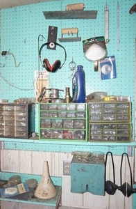 lot 53 image: Garage LotPegboard of Accessories, 3 Organizers Full, Teal Metal Paper Towel Dispenser Etc.