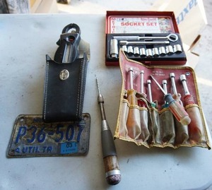 lot 58 image: Garage LotVintage BernzOmatic Metric Socket Set in Original Metal Case, Indestro Nut Driver Set, Vintage Pressure Gauge in Leather Case Etc.