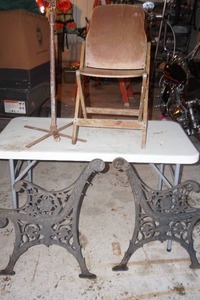lot 76 image: 2 Cast Iron Legssides from a Outdoor Bench, Wooden Fold Up Chair, Vintage Lawn Sprinkler
