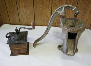 lot 98 image: Rare Antique Barnes Mfg. Cast Iron Well Pump-Antique Hand Crank Coffee Mill Grinder