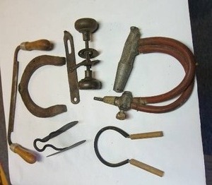 lot 102 image: ManCave Vintage Hand Tools...Including Draw Knife, Brass Doorknobs, Canning Jar Grip Etc.