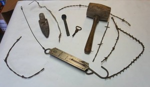 lot 103 image: ManCave Wall DeCor, Vintage Iron, John Chatillon and Sons Antique Hanging Scale Brass 50 lbs., Old Barbed Wire etc.