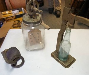 lot 104 image: 1920s Gem DANDY Antique Kitchen Butter Churn Hand Crank Wooden Paddle Glass Jar, Bottle Capper w Bottle etc.