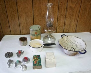 lot 113 image: Large Lot Vintage Kitchen WareCookie Cutters, Enamelware, Match Holder, Hurricane Lantern Etc.