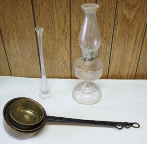 lot 119 image: CopperBrass Set of 3 Vintage Ladles w Long Iron Handles Rustic Primitive Fireplace Utensils, Hurricane Lantern Etc.