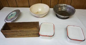 lot 125 image: Vintage Kitchenware, Porcelain Covered Refrigerator Bins, Lg. Kraft Cheese Box, Colander Etc.