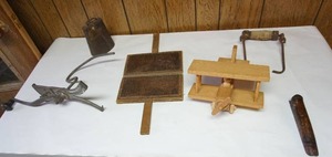 lot 127 image: Variety Vintage GoodsWood Airplane, Wool Brush, Cow Bell Etc.