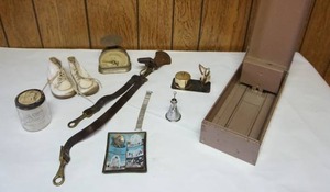 lot 128 image: Miscellaneous Lot of TreasuresEgg() Scale, Victor Postal Scale(unique), Baby Shoes, Index Card Metal Box, Shaving Jar Etc.