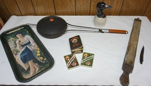lot 134 image: Variety of VintageCoca-Cola Serving Tray, Shaving Strap, Straight Edge Shaver, Pottery Gooseneck Mug, Jack Daniels Tin of Cards Etc.