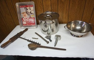 lot 138 image: Kitchen LotStainless Steel Cookware, Utensils, Cast Ladle Etc.