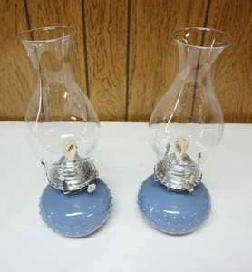 lot 214 image: Two blue ceramic hurricane lamps