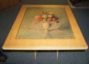 lot 234 image: Antique wood card table with floral painted top, Collapsible
