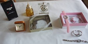 lot 267 image: Assorted dresser accessories including portable clock, watches, perfume etc.