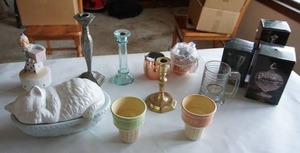 lot 293 image: For the Collectors Crystal, Candle Holders, Copper, Ceramic Covered Cat & Cones.