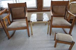 lot 296 image: Two Mid-century Modern Art & Crafts Mission Style Rocker Armrest Chairs Stickley() With Matching Footstool