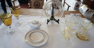 lot 300 image: 5 Pieces of Collectible Yellow Depression Glass, 2 Hand Blown Amber Goblets, 4 Lenox() Service Pieces, Clear Covered Refrigerator Jar etc.