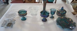 lot 302 image: 9 Pieces of Collectible Glass Iridescent, Indiana, Depression, Blue Carnival Glass Etc.