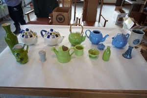 lot 305 image: 18 Pieces Ceramic Blue and MCM Funky Green Dishes, Floral Ceramic Pitcher, 1960s Hand Painted Pitcher, Small Floral Pitcher, Art Pottery Bowls Etc.