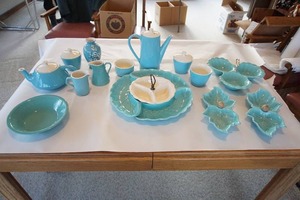 lot 306 image: 21 Pieces MCM Blue and CreamWhite, 1960s Hand Painted Pitcher, MCM Ceramic Pitcher, Small Floral Pitcher, Art Pottery Bowls Etc.