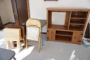lot 330 image: Entertainment center, card tables, chairs, TV trays etc.