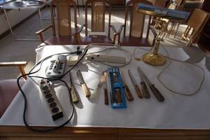 lot 358 image: Electrical, kitchen knives, brass table light etc.