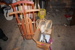 lot 371 image: Vintage Metal Astro 8 Rocket Sled by Flexible Flyer, Badminton set