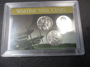 Emergency Issue 1943-P,D and S Mint Lincoln Steel Pennies in P-40 Warhawk Decorative Case
