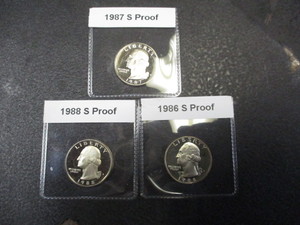 1986-S, 1987-S and 1988-S Washington Proof Quarters