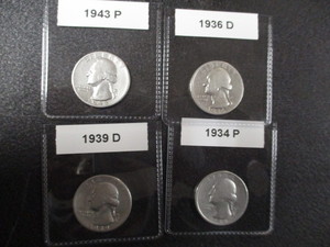 Lot of (4) Washington Silver Quarters - 1934-P, 1936-D, 1939-D and 1943-P