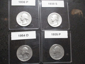 Lot of (4) Washington Silver Quarters - 1935-P, 1936-P, 1938-S and 1954-D