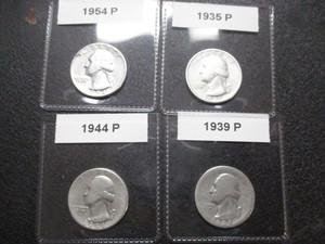 Lot of (4) Washington Silver Quarters - 1935-P, 1939-P, 1944-P and 1954-P