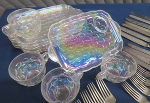 FEDERAL GLASS IRIDESCENT LUNCHEN SET PLUS SILVERWARE SILVER PLATE