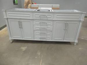 Home Decorators Collection Aberdeen 72 in. W x 22 in. D x 34.5 in. H Bath Vanity in Dove Grey (BOTTOM DRAWER IS OFF THE GLIDES, VANITY IS BENT, GOING TO NEED SOME WORK)