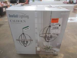 Sea Gull Lighting Calhoun 5-Light Weathered Gray Rustic Farmhouse Hanging Globe Candlestick Chandelier with Distressed Oak Finish Accents (OPEN BOX)