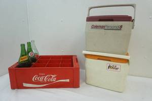 lot 2 image: Coleman coolers, coca cola crate, (3 items)