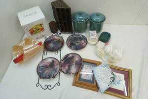 lot 6 image: canisters, decor plates with holder