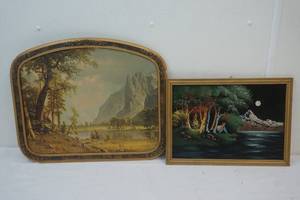 lot 136 image: mountain scene, black velvet picture
