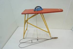 lot 412 image: vintage toy ironing board with iron, rug beater